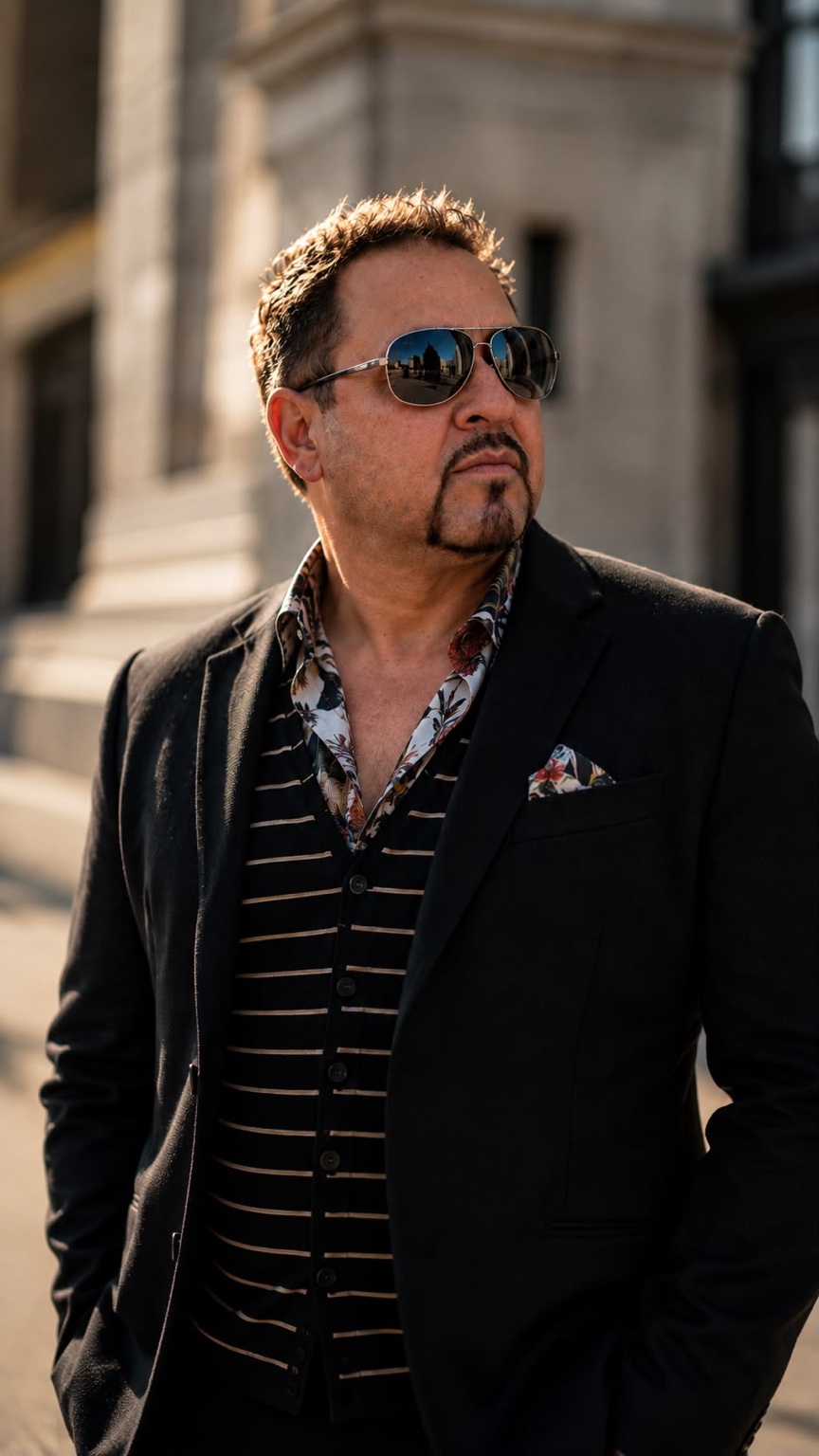 Luis wearing sunglasses and a black jacket